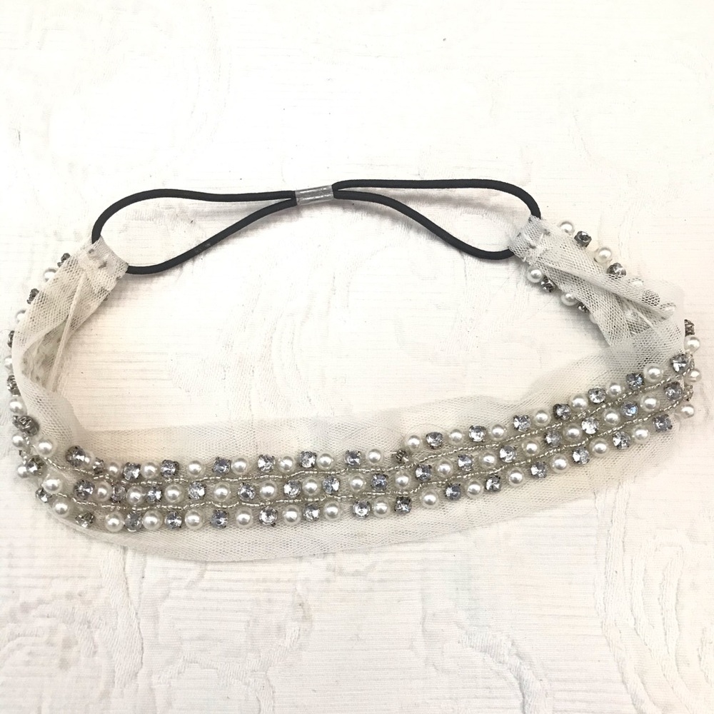 Stretch Ivory Headband with Tulle, Rhinestones, Pearls Never Worn